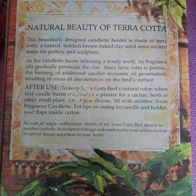 Two matching Avon Terra Cotta Birds with boxes Great candle holders or Plant pots.