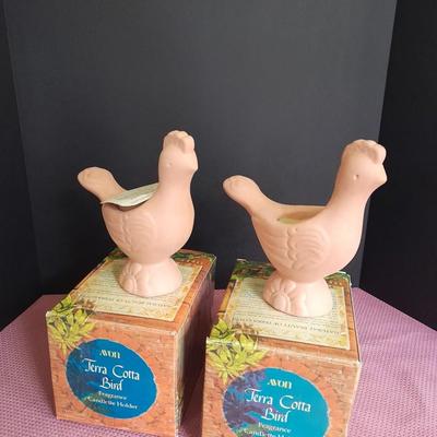 Two matching Avon Terra Cotta Birds with boxes Great candle holders or Plant pots.