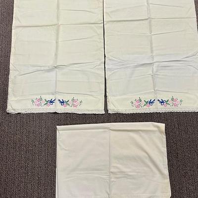 Pair of Vintage Pink Blue Floral Embroidered Pillowcases Standard Size & One Lace Edge Pillowcase