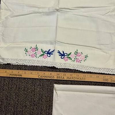 Pair of Vintage Pink Blue Floral Embroidered Pillowcases Standard Size & One Lace Edge Pillowcase