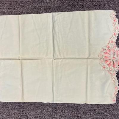 Vintage Pillow Case with Embroidered Pink and White Edge