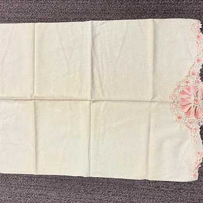 Vintage Pillow Case with Embroidered Pink and White Edge