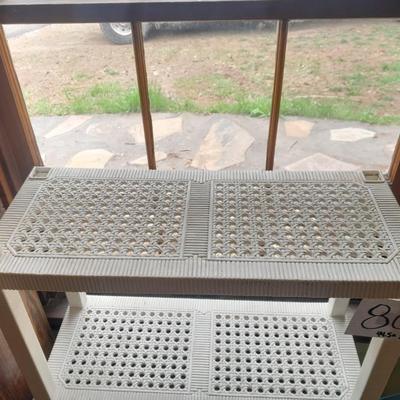 Plastic storage shelving with Vintage iron framed chair