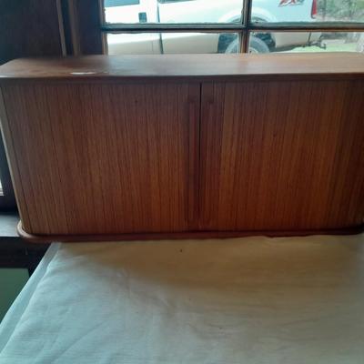 Nice small Teak wood storage Cabinet to hang or place flat with hideaway doors!