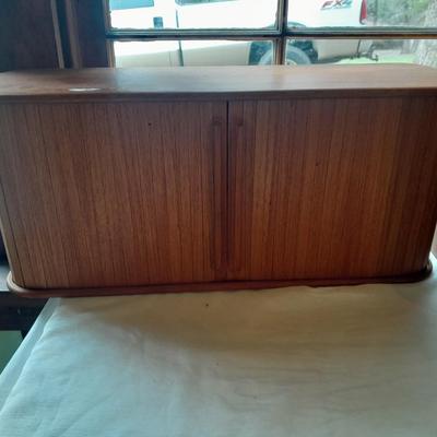 Nice small Teak wood storage Cabinet to hang or place flat with hideaway doors!