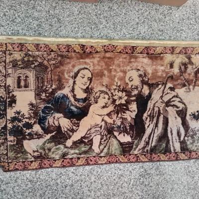 Vintage Mary Joseph Baby Jesus Woven Wall Hanging Tapestry Made In Italy