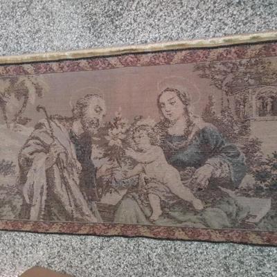 Vintage Mary Joseph Baby Jesus Woven Wall Hanging Tapestry Made In Italy