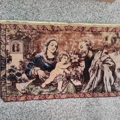 Vintage Mary Joseph Baby Jesus Woven Wall Hanging Tapestry Made In Italy