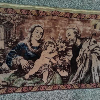Vintage Mary Joseph Baby Jesus Woven Wall Hanging Tapestry Made In Italy