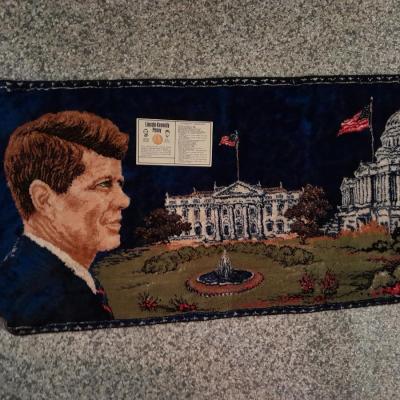 1965 John F Kennedy  Commemorative Tapestry and Unique 1972 D Lincoln Kennedy Penny Astonishing Coincidences Cent