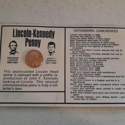 1965 John F Kennedy  Commemorative Tapestry and Unique 1972 D Lincoln Kennedy Penny Astonishing Coincidences Cent
