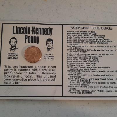 1965 John F Kennedy  Commemorative Tapestry and Unique 1972 D Lincoln Kennedy Penny Astonishing Coincidences Cent