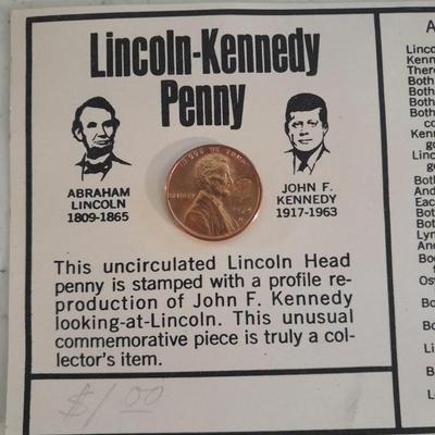 1965 John F Kennedy  Commemorative Tapestry and Unique 1972 D Lincoln Kennedy Penny Astonishing Coincidences Cent