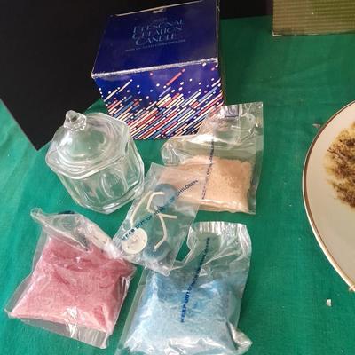 New in the box Avon Collectables, fish wind chime, Cat themed serving pieces, plate, and Wax candle maker