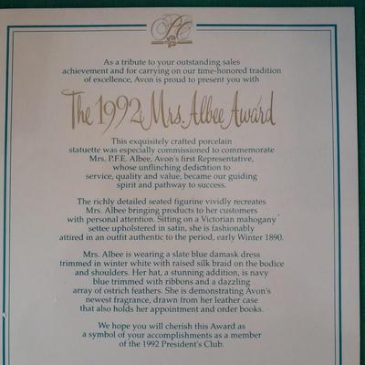 Avon 1992 Mrs. Albee Award Figure, decorative tin and Stationary