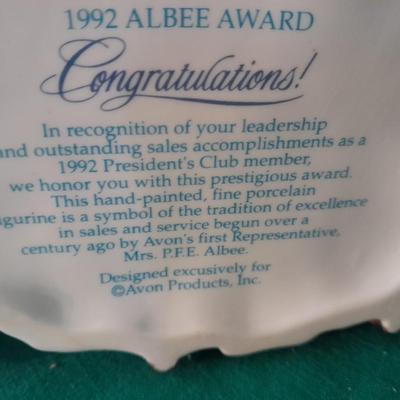 Avon 1992 Mrs. Albee Award Figure, decorative tin and Stationary