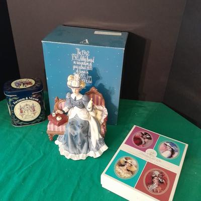 Avon 1992 Mrs. Albee Award Figure, decorative tin and Stationary