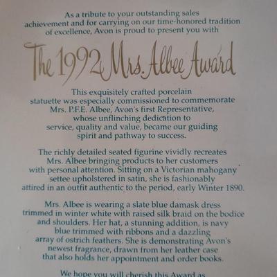 Avon 1992 Mrs. Albee Award Figure, decorative tin and Stationary