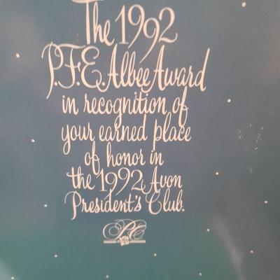 Avon 1992 Mrs. Albee Award Figure, decorative tin and Stationary