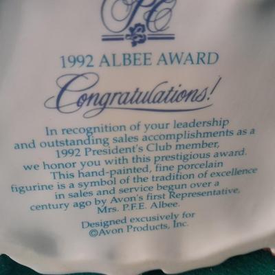 Avon 1992 Mrs. Albee Award Figure, decorative tin and Stationary