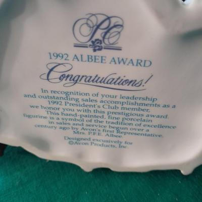Avon 1992 Mrs. Albee Award Figure, decorative tin and Stationary