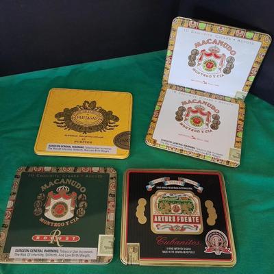 Cigar tins in wooden Cigar box with ashtray