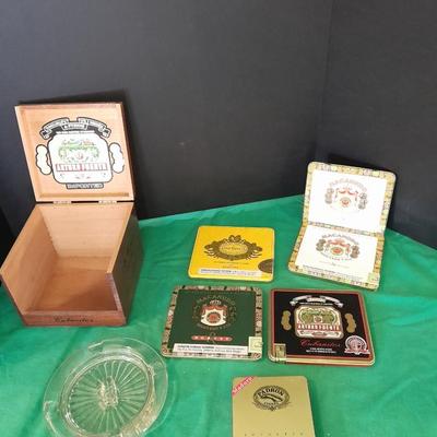 Cigar tins in wooden Cigar box with ashtray