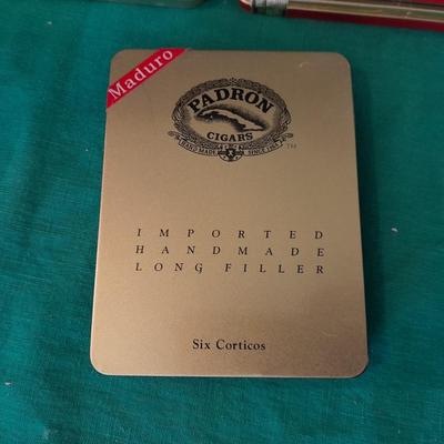 Cigar tins in wooden Cigar box with ashtray