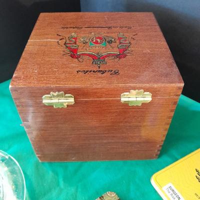 Cigar tins in wooden Cigar box with ashtray