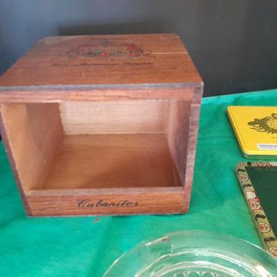 Cigar tins in wooden Cigar box with ashtray
