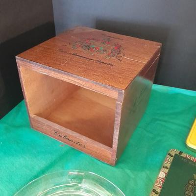 Cigar tins in wooden Cigar box with ashtray
