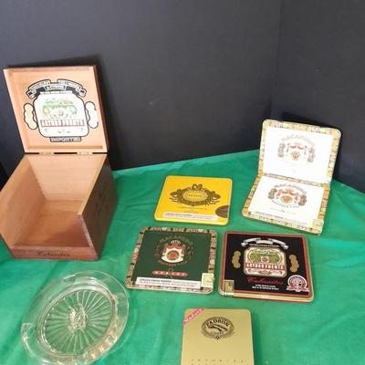 Cigar tins in wooden Cigar box with ashtray
