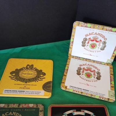 Cigar tins in wooden Cigar box with ashtray