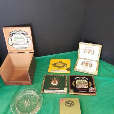Cigar tins in wooden Cigar box with ashtray