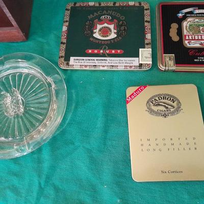 Cigar tins in wooden Cigar box with ashtray