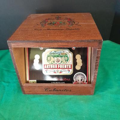 Cigar tins in wooden Cigar box with ashtray