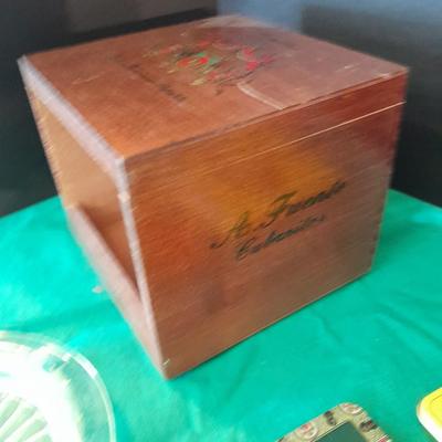 Cigar tins in wooden Cigar box with ashtray