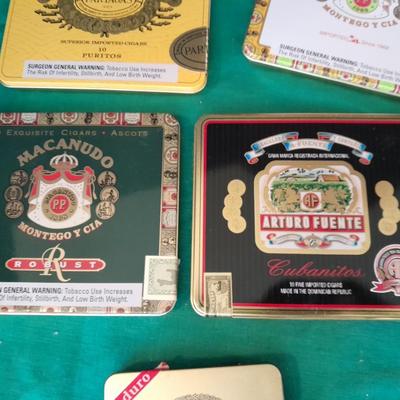 Cigar tins in wooden Cigar box with ashtray