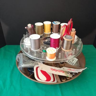 Swiveling Sewing Caddy full of sewing notions
