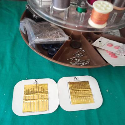 Swiveling Sewing Caddy full of sewing notions