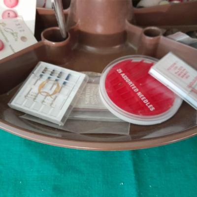 Swiveling Sewing Caddy full of sewing notions