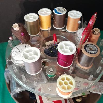 Swiveling Sewing Caddy full of sewing notions