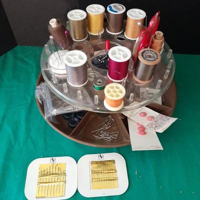 Swiveling Sewing Caddy full of sewing notions