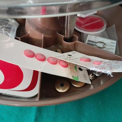 Swiveling Sewing Caddy full of sewing notions