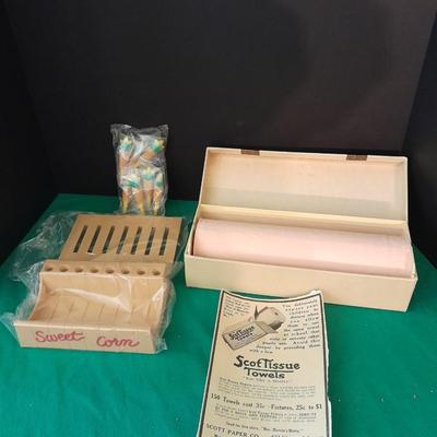 Unique sweet corn cob butter and holders and a Vintage roll of soft tissue