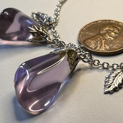 TRIPLE DROP LAVENDER GLASS NECKLACE STERLING CHAIN