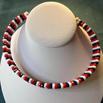 PATRIOTIC RED WHITE BLUE BEAD CHOKER NECKLACE