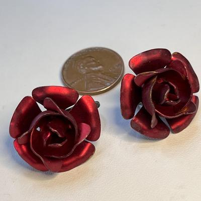 DEEP RED SATIN ROSE CLIP-ON EARRINGS