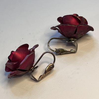 DEEP RED SATIN ROSE CLIP-ON EARRINGS