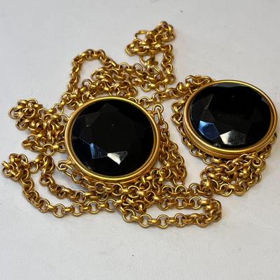 LONG 41â€ NECKLACE GOLD TONE CHAIN NECKLACE BLACK GLASS